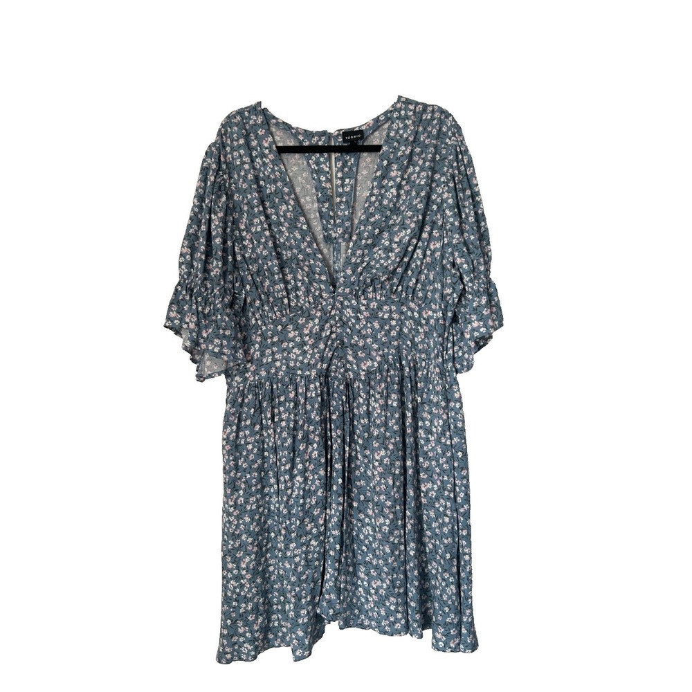 Torrid Ruffle Sleeve Mini Dress Size 16 Blue Grey Floral Flutter Tiered Sleeves